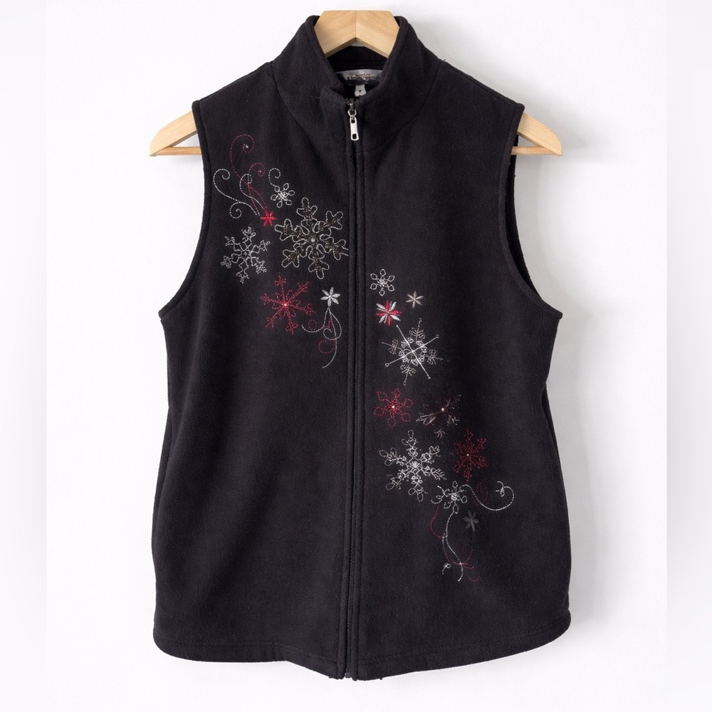 Northern Reflections Snowflake Fleece Vest Black Full Zip Embroidered Sm Winter